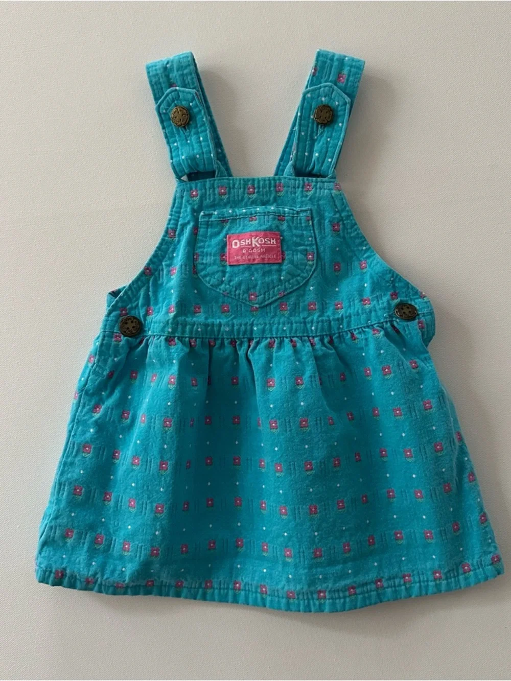 OshKosh B'gosh Vintage 24 Months Aqua Blue Pink Floral Jumper Dress USA